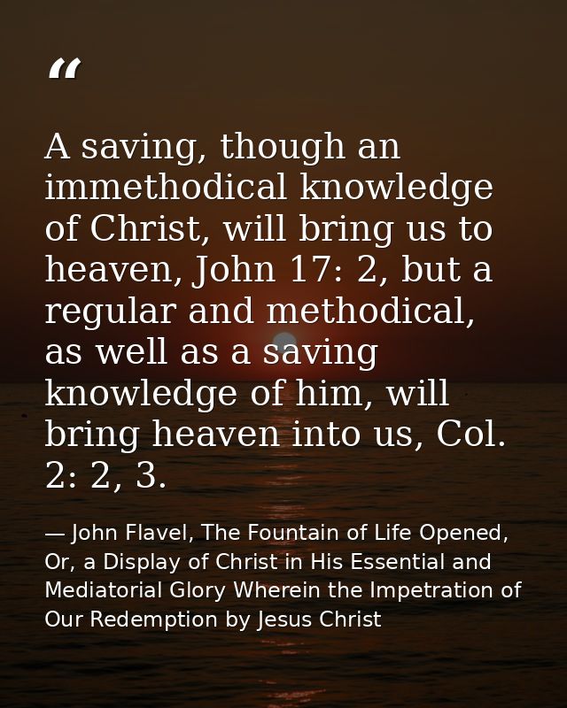 A saving, though an immethodical knowledge of Christ, will bring us to heaven, John 17: 2, but a regular and methodical, — John Flavel, The Fountain of Life Opened, Or, a Display of Christ in His Essential and Mediatorial Glory Wherein the Impetration of Our Redemption by Jesus Christ
