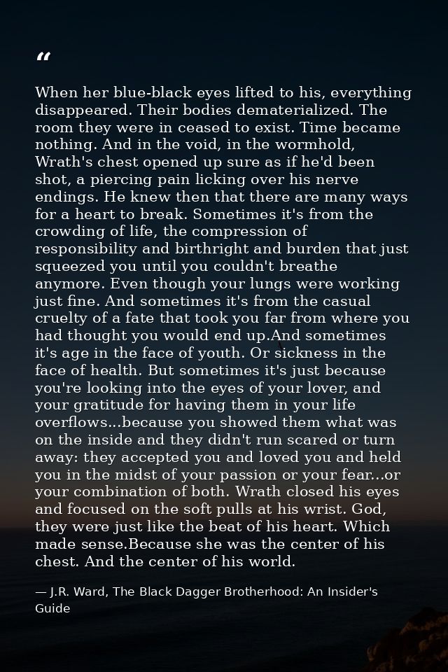 When her blue-black eyes lifted to his, everything disappeared. Their bodies dematerialized. The room they were in cease — J.R. Ward, The Black Dagger Brotherhood: An Insider's Guide