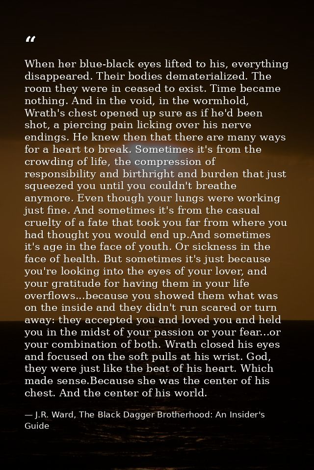 When her blue-black eyes lifted to his, everything disappeared. Their bodies dematerialized. The room they were in cease — J.R. Ward, The Black Dagger Brotherhood: An Insider's Guide
