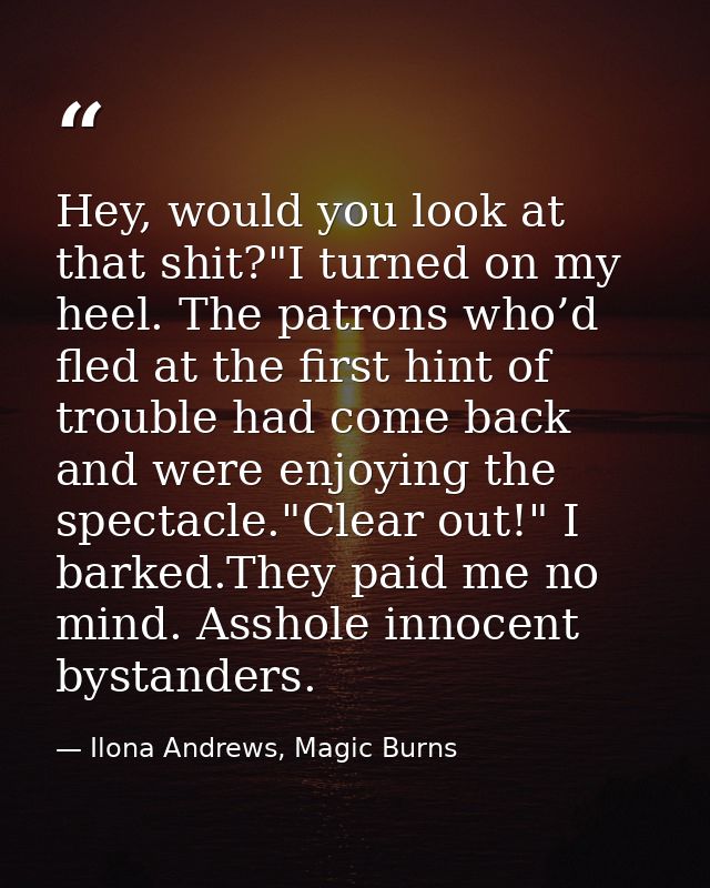 Hey, would you look at that shit?"I turned on my heel. The patrons who’d fled at the first hint of trouble had come back — Ilona Andrews, Magic Burns