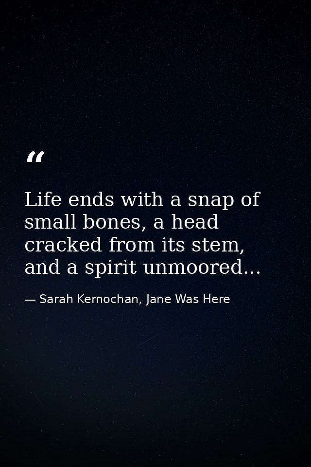 Life ends with a snap of small bones, a head cracked from its stem, and a spirit unmoored... — Sarah Kernochan, Jane Was Here
