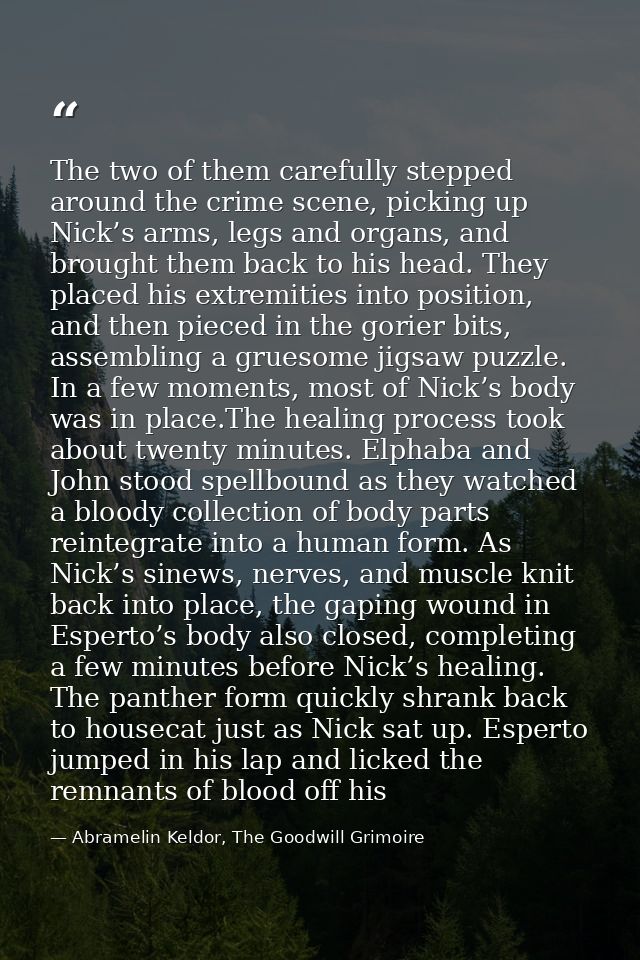 The two of them carefully stepped around the crime scene, picking up Nick’s arms, legs and organs, and brought them back — Abramelin Keldor, The Goodwill Grimoire