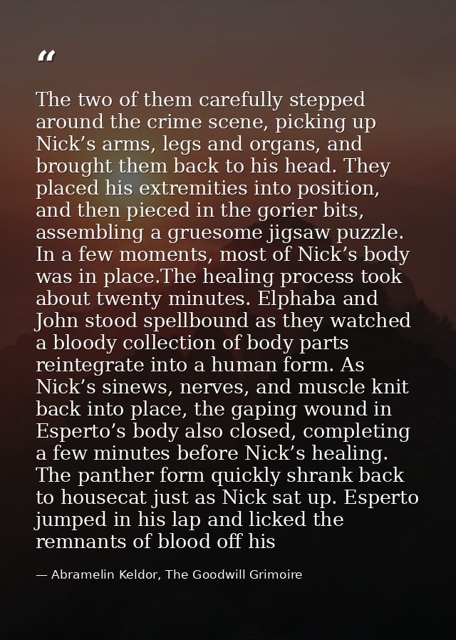 The two of them carefully stepped around the crime scene, picking up Nick’s arms, legs and organs, and brought them back — Abramelin Keldor, The Goodwill Grimoire