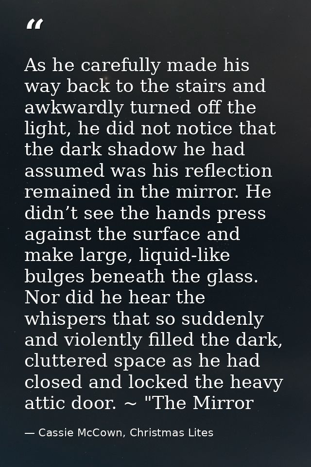 As he carefully made his way back to the stairs and awkwardly turned off the light, he did not notice that the dark shad — Cassie McCown, Christmas Lites