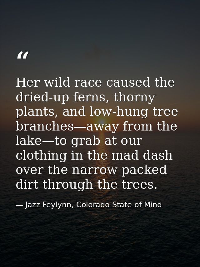 Her wild race caused the dried-up ferns, thorny plants, and low-hung tree branches—away from the lake—to grab at our clo — Jazz Feylynn, Colorado State of Mind