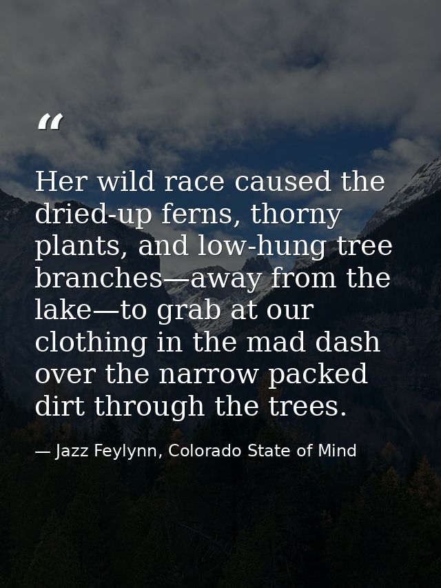Her wild race caused the dried-up ferns, thorny plants, and low-hung tree branches—away from the lake—to grab at our clo — Jazz Feylynn, Colorado State of Mind