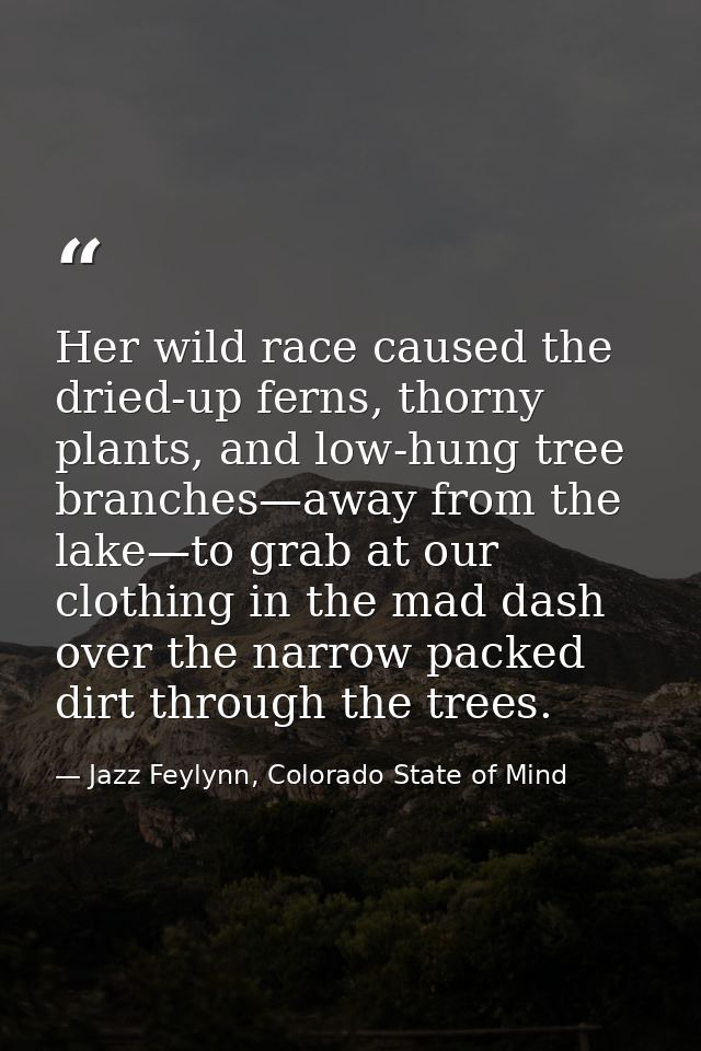 Her wild race caused the dried-up ferns, thorny plants, and low-hung tree branches—away from the lake—to grab at our clo — Jazz Feylynn, Colorado State of Mind