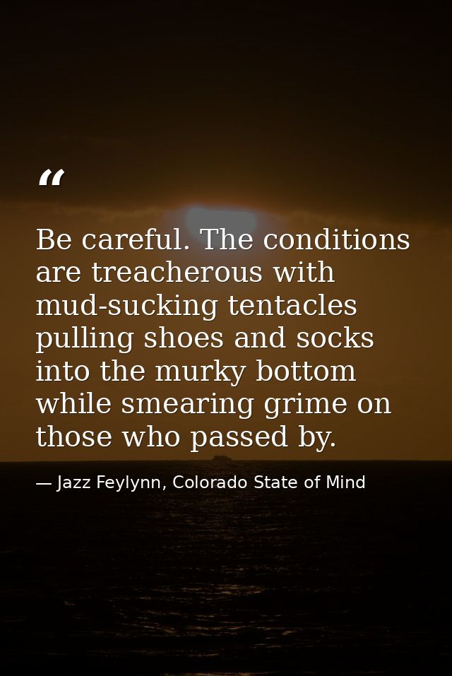 Be careful. The conditions are treacherous with mud-sucking tentacles pulling shoes and socks into the murky bottom whil — Jazz Feylynn, Colorado State of Mind