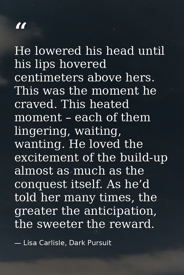 He lowered his head until his lips hovered centimeters above hers. This was the moment he craved. This heated moment – e — Lisa Carlisle, Dark Pursuit