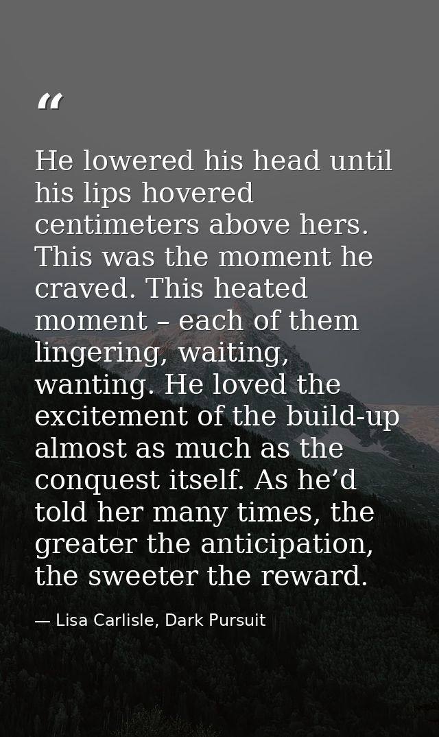 He lowered his head until his lips hovered centimeters above hers. This was the moment he craved. This heated moment – e — Lisa Carlisle, Dark Pursuit