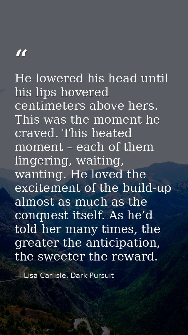 He lowered his head until his lips hovered centimeters above hers. This was the moment he craved. This heated moment – e — Lisa Carlisle, Dark Pursuit
