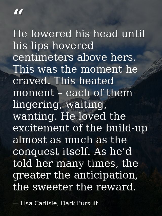 He lowered his head until his lips hovered centimeters above hers. This was the moment he craved. This heated moment – e — Lisa Carlisle, Dark Pursuit