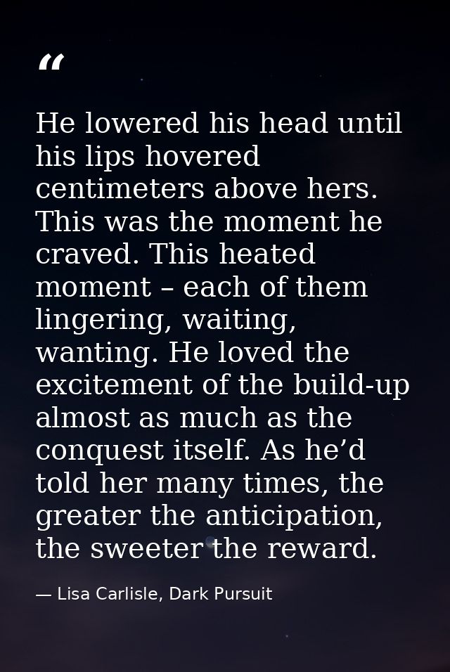 He lowered his head until his lips hovered centimeters above hers. This was the moment he craved. This heated moment – e — Lisa Carlisle, Dark Pursuit