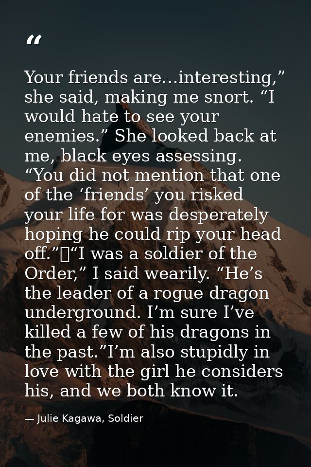 Your friends are…interesting,” she said, making me snort. “I would hate to see your enemies.” She looked back at me, bla — Julie Kagawa, Soldier