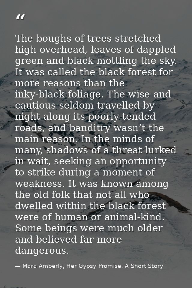 The boughs of trees stretched high overhead, leaves of dappled green and black mottling the sky. It was called the black — Mara Amberly, Her Gypsy Promise: A Short Story
