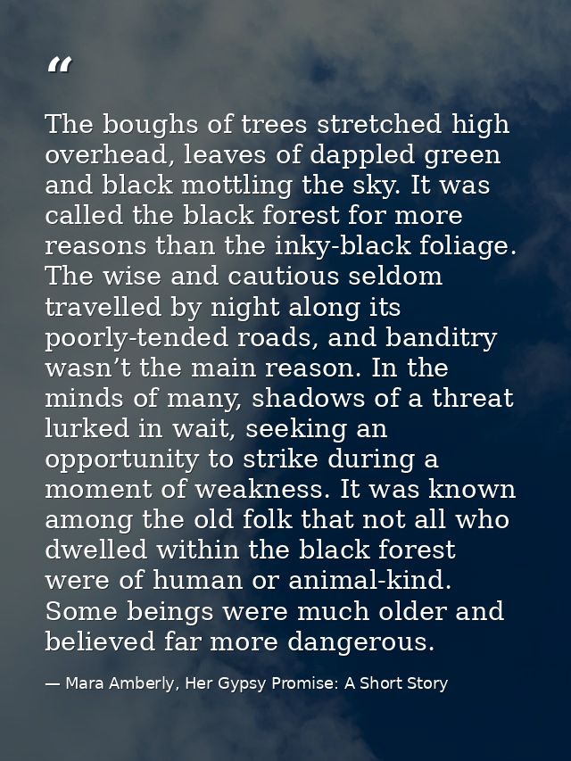 The boughs of trees stretched high overhead, leaves of dappled green and black mottling the sky. It was called the black — Mara Amberly, Her Gypsy Promise: A Short Story