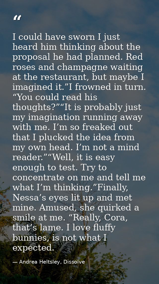 I could have sworn I just heard him thinking about the proposal he had planned. Red roses and champagne waiting at the r — Andrea Heltsley, Dissolve