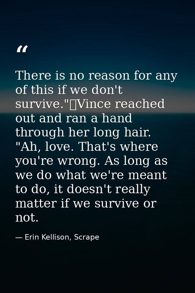 There is no reason for any of this if we don't survive."	Vince reached out and ran a hand through her long hair. "Ah, lo — Erin Kellison, Scrape