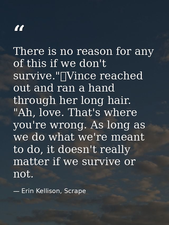 There is no reason for any of this if we don't survive."	Vince reached out and ran a hand through her long hair. "Ah, lo — Erin Kellison, Scrape