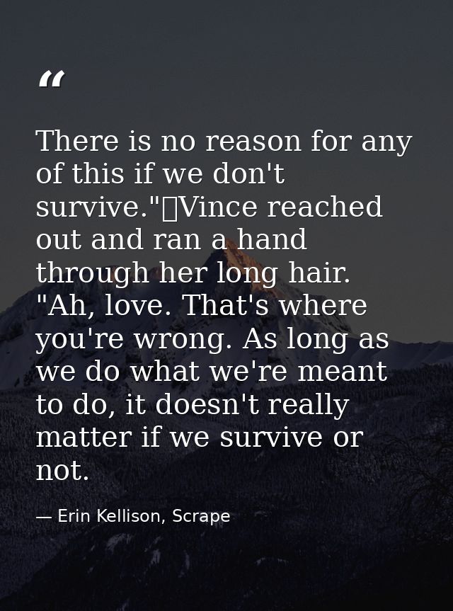 There is no reason for any of this if we don't survive."	Vince reached out and ran a hand through her long hair. "Ah, lo — Erin Kellison, Scrape