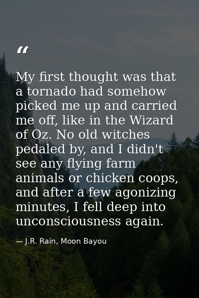 My first thought was that a tornado had somehow picked me up and carried me off, like in the Wizard of Oz. No old witche — J.R. Rain, Moon Bayou