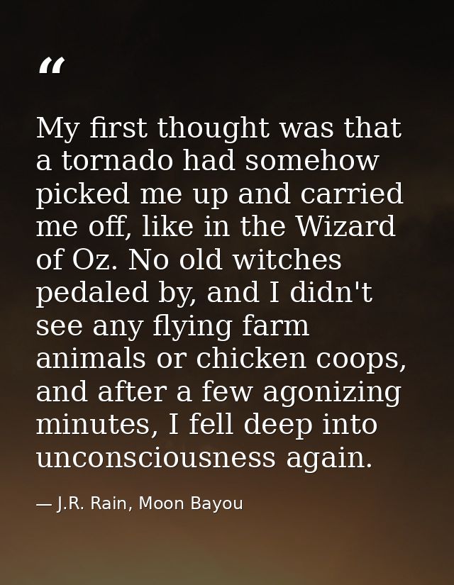 My first thought was that a tornado had somehow picked me up and carried me off, like in the Wizard of Oz. No old witche — J.R. Rain, Moon Bayou