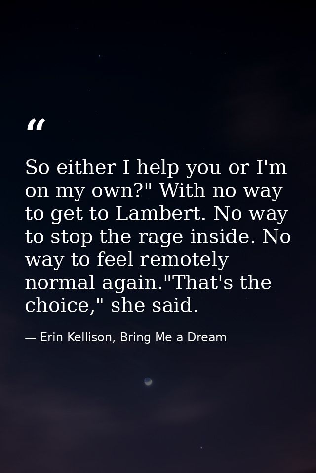 So either I help you or I'm on my own?" With no way to get to Lambert. No way to stop the rage inside. No way to feel re — Erin Kellison, Bring Me a Dream