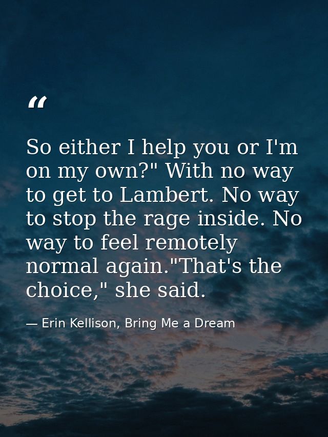So either I help you or I'm on my own?" With no way to get to Lambert. No way to stop the rage inside. No way to feel re — Erin Kellison, Bring Me a Dream