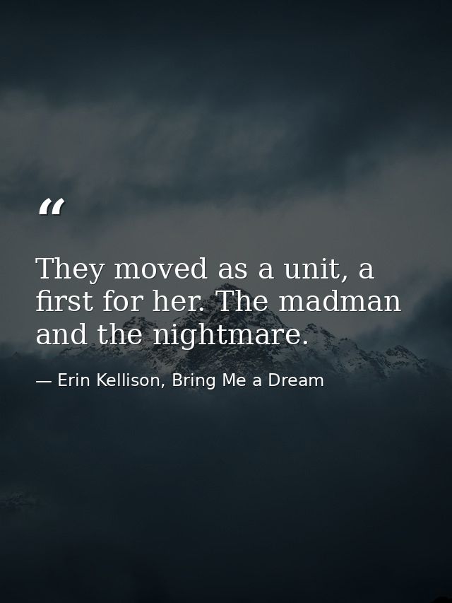 They moved as a unit, a first for her. The madman and the nightmare. — Erin Kellison, Bring Me a Dream