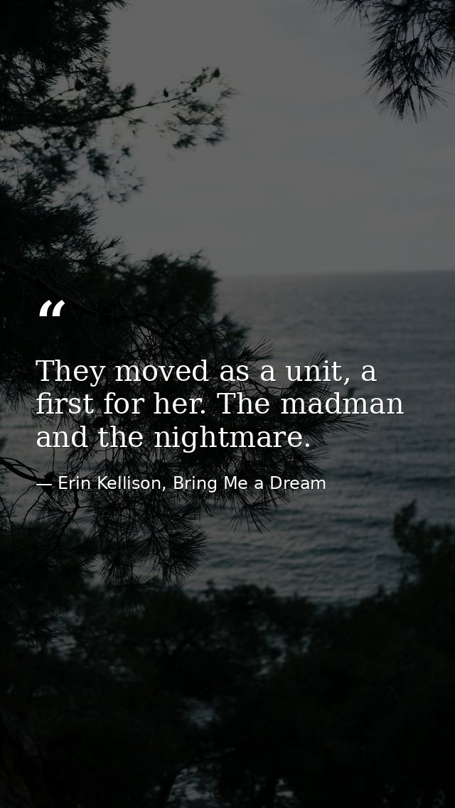 They moved as a unit, a first for her. The madman and the nightmare. — Erin Kellison, Bring Me a Dream