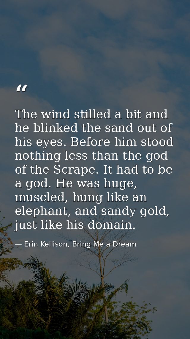 The wind stilled a bit and he blinked the sand out of his eyes. Before him stood nothing less than the god of the Scrape — Erin Kellison, Bring Me a Dream