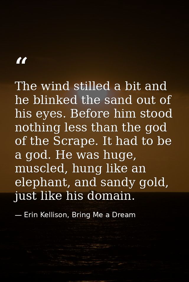 The wind stilled a bit and he blinked the sand out of his eyes. Before him stood nothing less than the god of the Scrape — Erin Kellison, Bring Me a Dream