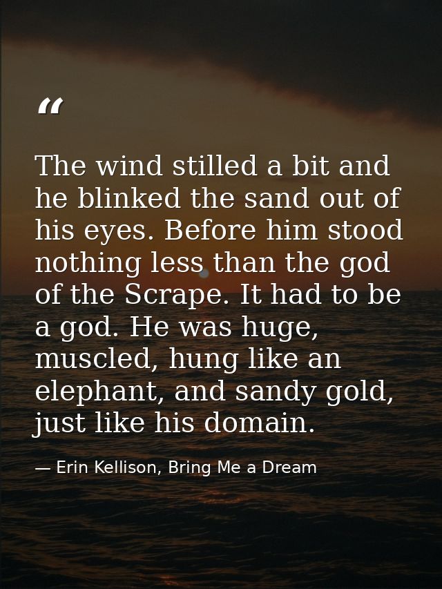 The wind stilled a bit and he blinked the sand out of his eyes. Before him stood nothing less than the god of the Scrape — Erin Kellison, Bring Me a Dream