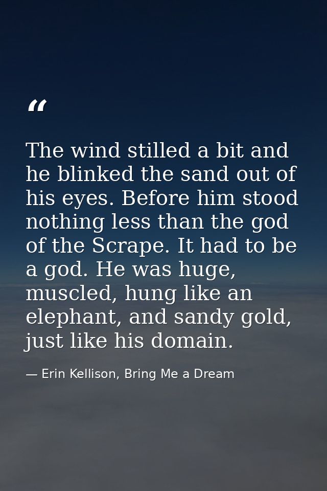 The wind stilled a bit and he blinked the sand out of his eyes. Before him stood nothing less than the god of the Scrape — Erin Kellison, Bring Me a Dream