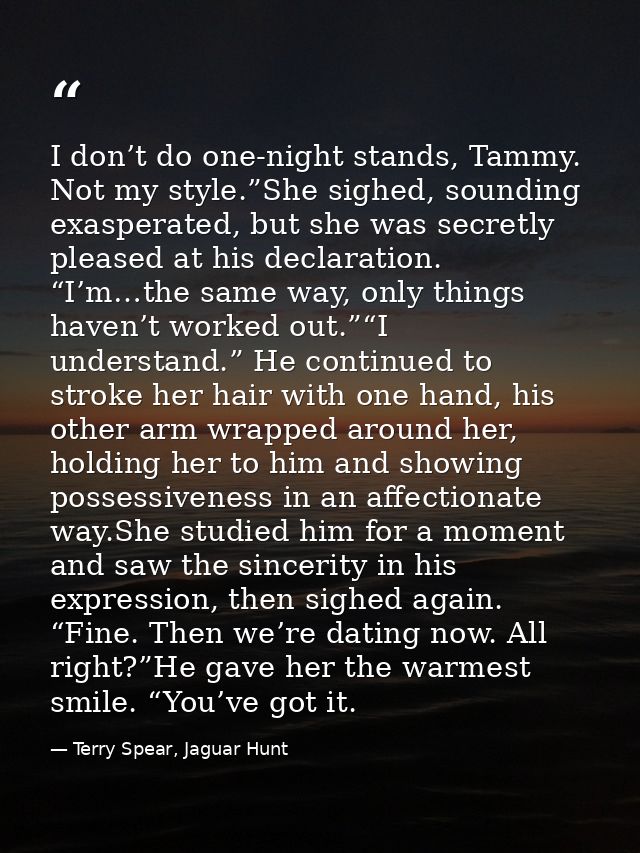 I don’t do one-night stands, Tammy. Not my style.”She sighed, sounding exasperated, but she was secretly pleased at his  — Terry Spear, Jaguar Hunt
