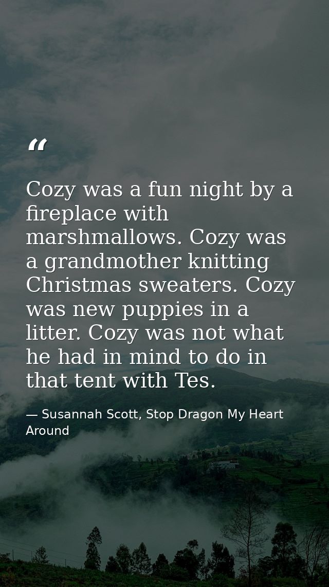 Cozy was a fun night by a fireplace with marshmallows. Cozy was a grandmother knitting Christmas sweaters. Cozy was new  — Susannah Scott, Stop Dragon My Heart Around