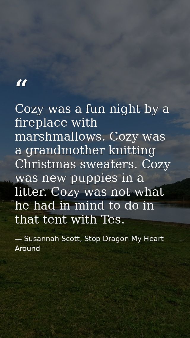 Cozy was a fun night by a fireplace with marshmallows. Cozy was a grandmother knitting Christmas sweaters. Cozy was new  — Susannah Scott, Stop Dragon My Heart Around
