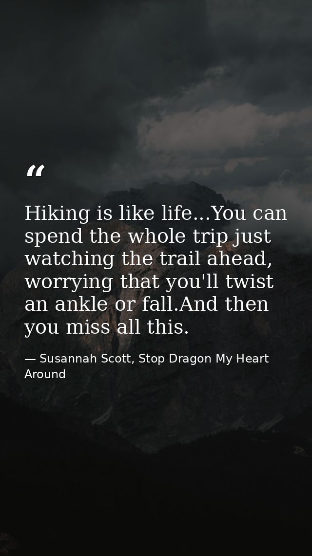 Hiking is like life...You can spend the whole trip just watching the trail ahead, worrying that you'll twist an ankle or — Susannah Scott, Stop Dragon My Heart Around