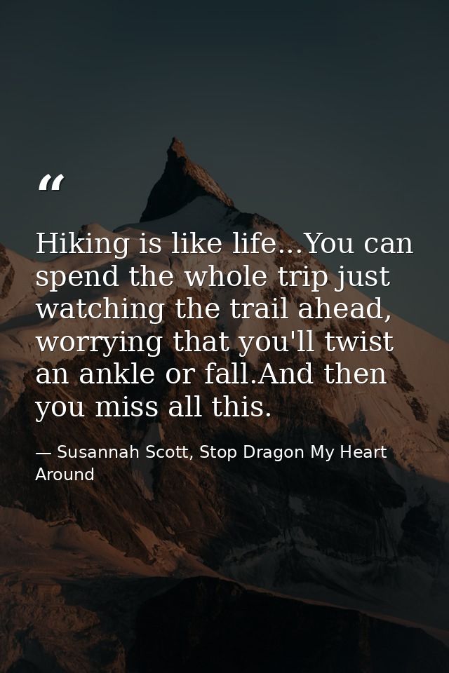 Hiking is like life...You can spend the whole trip just watching the trail ahead, worrying that you'll twist an ankle or — Susannah Scott, Stop Dragon My Heart Around