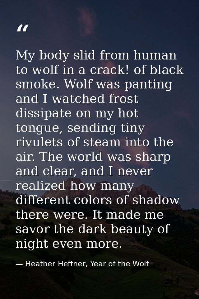 My body slid from human to wolf in a crack! of black smoke. Wolf was panting and I watched frost dissipate on my hot ton — Heather Heffner, Year of the Wolf