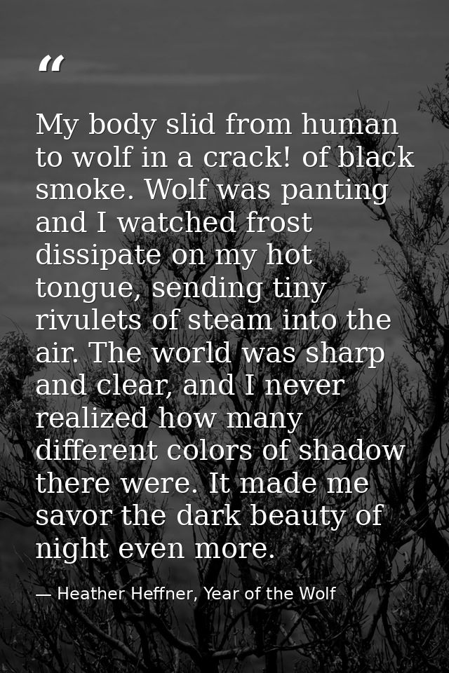 My body slid from human to wolf in a crack! of black smoke. Wolf was panting and I watched frost dissipate on my hot ton — Heather Heffner, Year of the Wolf