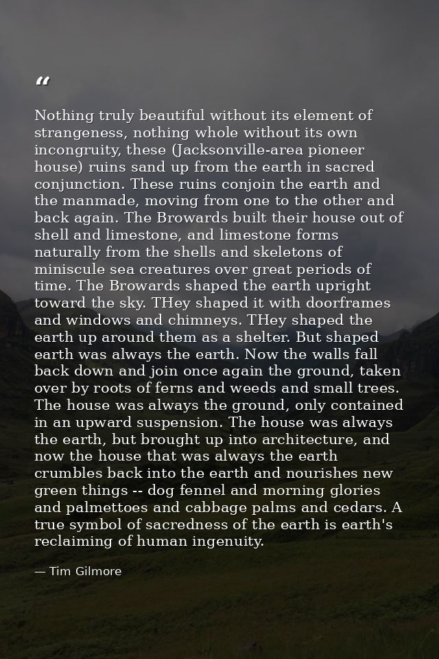 Nothing truly beautiful without its element of strangeness, nothing whole without its own incongruity, these (Jacksonvil — Tim Gilmore
