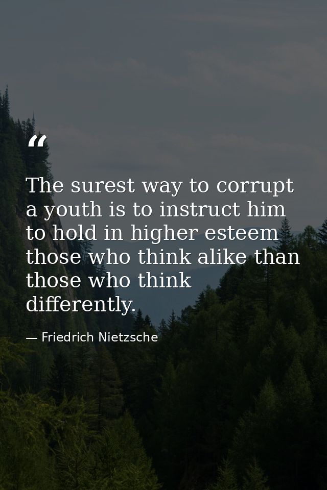 The surest way to corrupt a youth is to instruct him to hold in higher esteem those who think alike than those who think — Friedrich Nietzsche