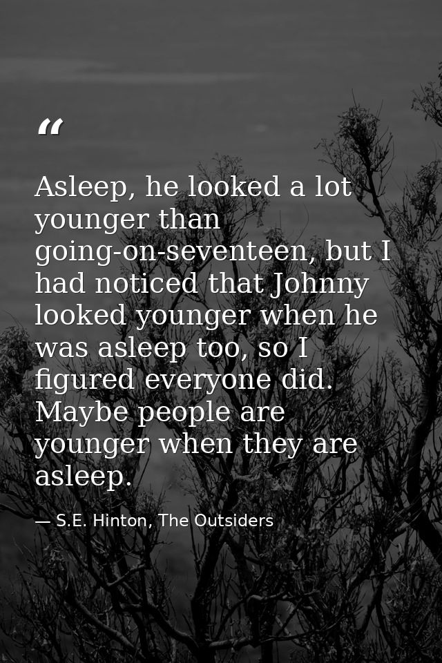 Asleep, he looked a lot younger than going-on-seventeen, but I had noticed that Johnny looked younger when he was asleep — S.E. Hinton, The Outsiders