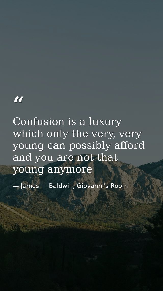 Confusion is a luxury which only the very, very young can possibly afford and you are not that young anymore — James     Baldwin, Giovanni's Room
