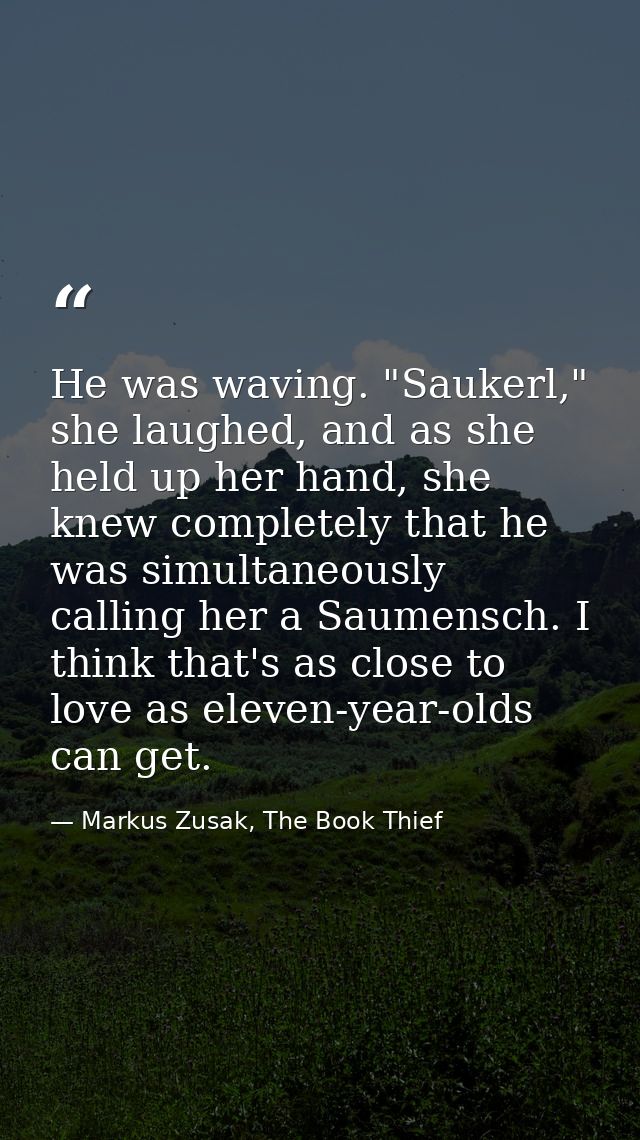 He was waving. "Saukerl," she laughed, and as she held up her hand, she knew completely that he was simultaneously calli — Markus Zusak, The Book Thief