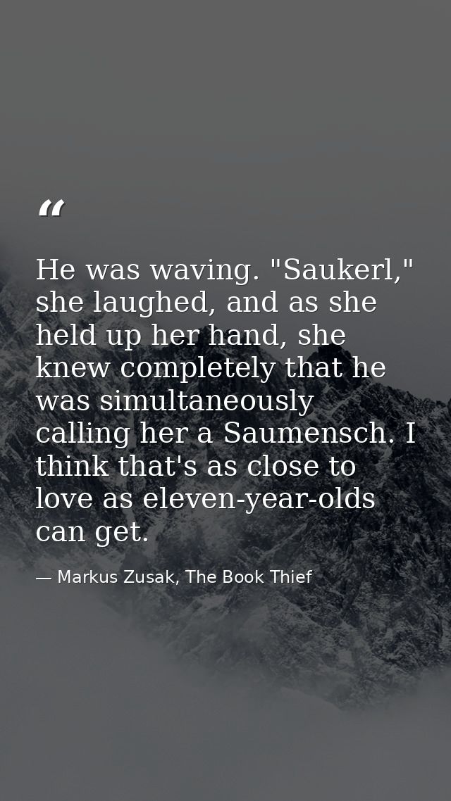 He was waving. "Saukerl," she laughed, and as she held up her hand, she knew completely that he was simultaneously calli — Markus Zusak, The Book Thief