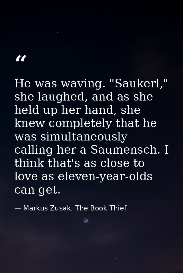 He was waving. "Saukerl," she laughed, and as she held up her hand, she knew completely that he was simultaneously calli — Markus Zusak, The Book Thief