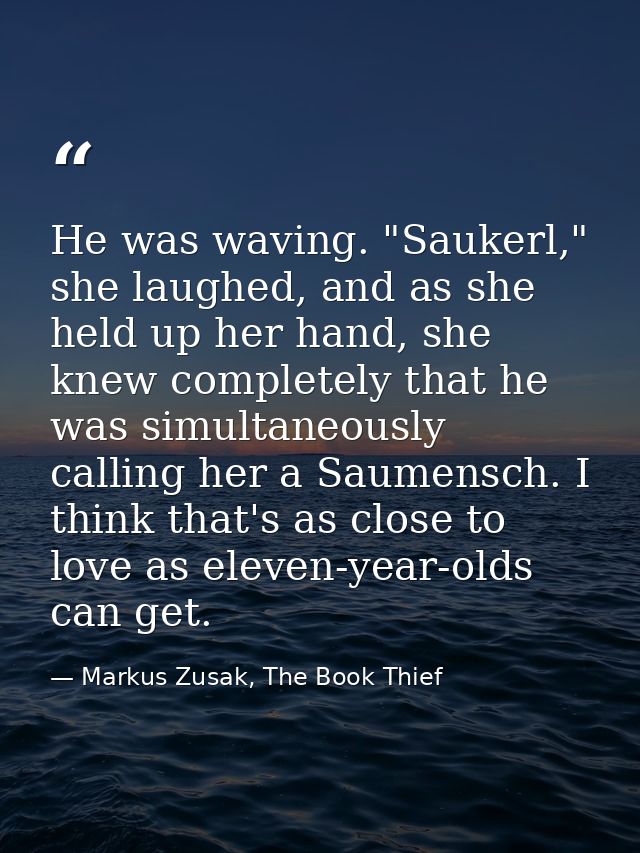 He was waving. "Saukerl," she laughed, and as she held up her hand, she knew completely that he was simultaneously calli — Markus Zusak, The Book Thief