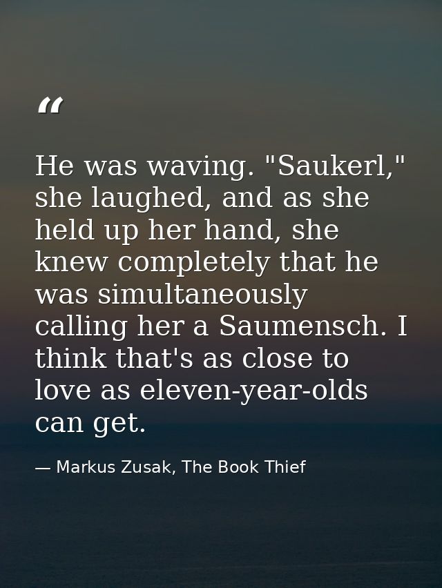 He was waving. "Saukerl," she laughed, and as she held up her hand, she knew completely that he was simultaneously calli — Markus Zusak, The Book Thief